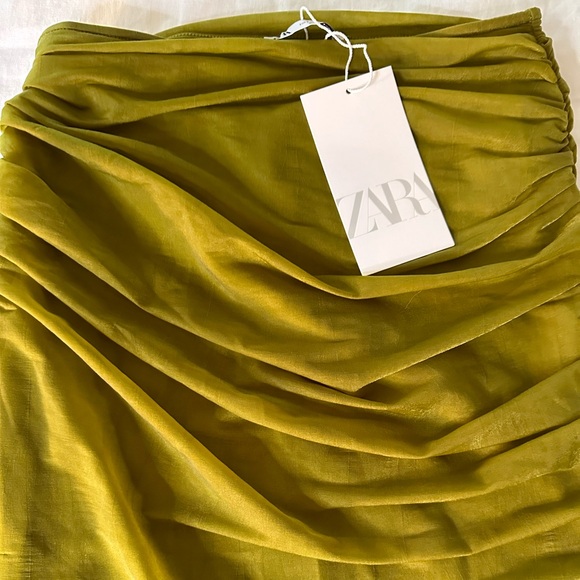 NWT Zara Ruched Organza Midi Skirt in Oil Yellow / Green / Chartreuse Brat Color - Picture 6 of 9